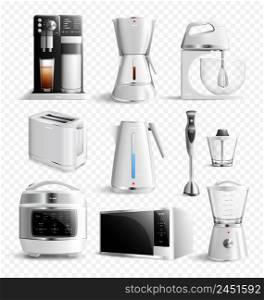 White household kitchen appliances icon set in realistic style on transparent background vector illustration. White Household Kitchen Appliances Transparent Icon Set
