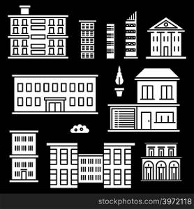 White houses icons on black backgrond. Set of building construction. Vector illustration. White houses icons on black backgrond