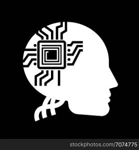 White human shape with microchip on black backdrop - future of people label design. Vector illustration. White human shape with microchip on black backdrop - future of people label design