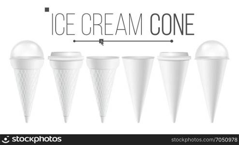 White Ice Cream Cone Mock Up Set Vector. For Ice Cream, Sour Cream. Different Food Bucket Cone Container. White Empty Blank. Isolated Illustration.. White Ice Cream Cone Mock Up Set Vector. For Ice Cream, Sour Cream. Different Food Bucket Cone Container. White Empty Blank. Isolated