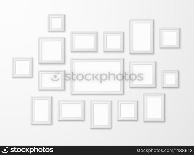 White image frames. Realistic picture frame in different forms mockups, art gallery blank framing template for modern interior vector simple photoframe set. White image frames. Realistic picture frame in different forms mockups, art gallery blank framing template for modern interior vector set