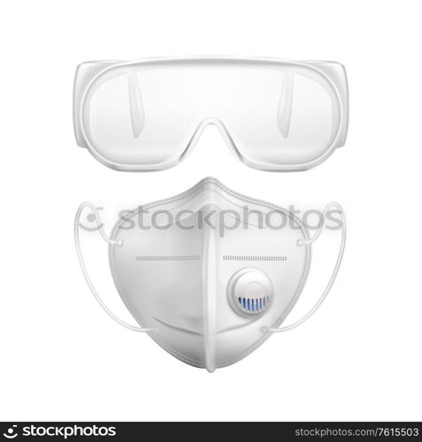 White individual protective medial mask glasses to protect against viruses realistic and isolated icon set vector illustration