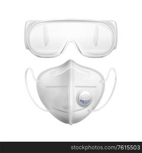 White individual protective medial mask glasses to protect against viruses realistic and isolated icon set vector illustration