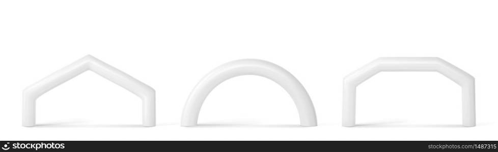White inflatable arch for sport events, race, marathon, run or triathlon. Vector realistic mock up set of blank balloon tubes different shapes for start and finish display or sponsorship advertising. White inflatable arch for sport events
