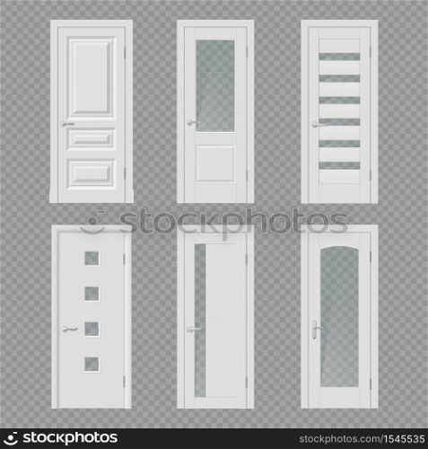 White interior door realistic mockups of vector room entrances and doorways with wooden frames, metal handles and glass panels. House, office, flat or hotel interior design objects. Interior door and room doorway realistic mockups