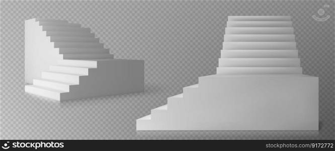 White isolated 3d vector staircase transparent background. Ladder illustration for interior design front view. Stage with step to growth. Modern creative podium construction mockup with shadow.. White isolated 3d vector staircase no background