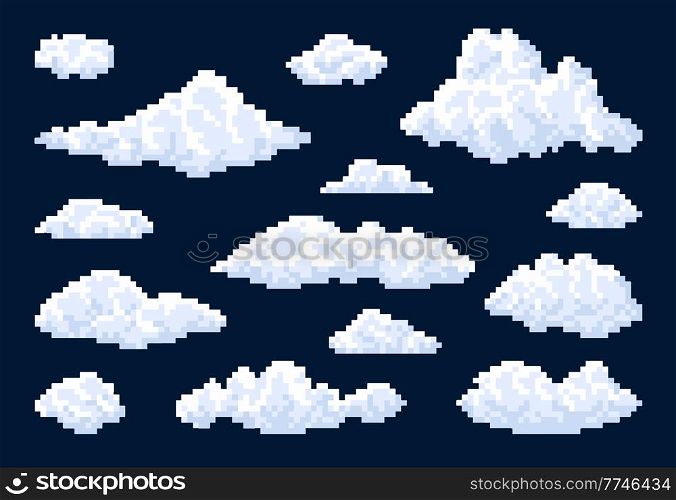 White isolated fluffy bubble pixel clouds in blue sky, vector 8bit pixel art game icons. Cartoon 8 bit space background with clouds landscape elements, cubic retro 2d game asset. Isolated fluffy bubble pixel clouds in blue sky
