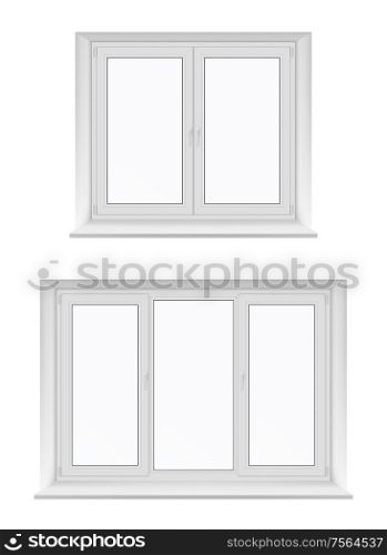 White isolated plastic windows, vector design with PVC frames and glass. Inside view of realistic double casement windows with sills, hinges and locking handles, room interior element. Plastic windows with white frames, glass and sills