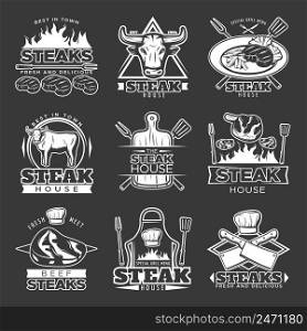 White isolated steak emblem set with raw meal and steak house headline vector illustration. White Steak Emblem Set