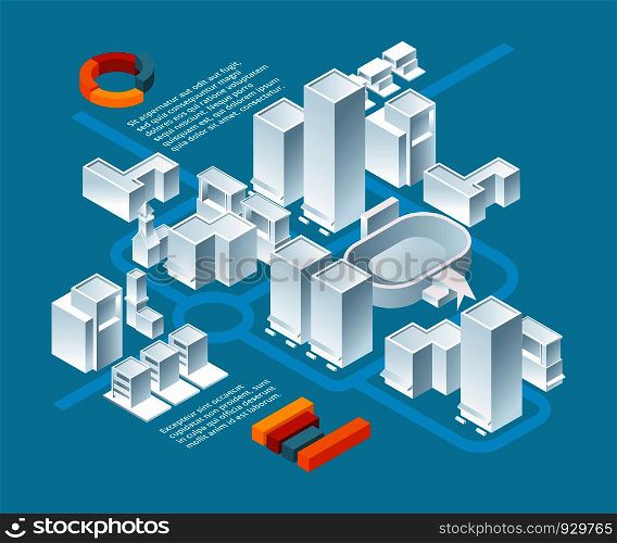 White isometric buildings. Urban 3d landscape with various buildings. Vector city street, building architecture 3d town illustration. White isometric buildings. Urban 3d landscape with various buildings