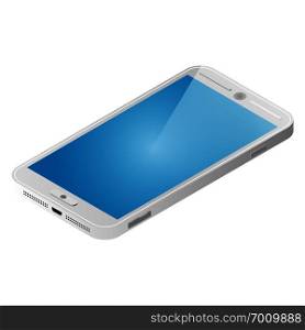 white isometric mobile phone with reflection, top view. isometric mobile phone
