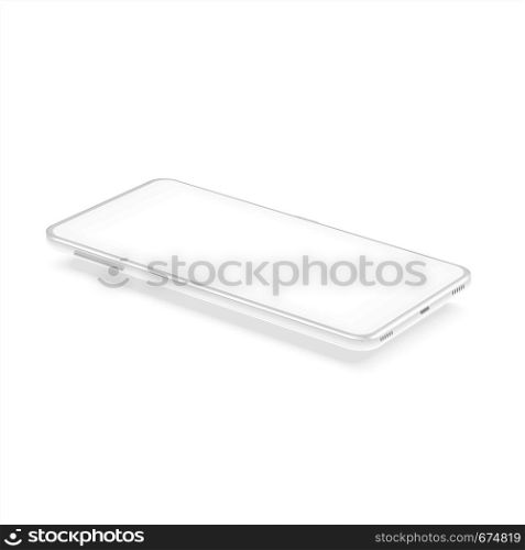 White isometric smartphone mockup. Realistic 3D mobile phone for UI templates and interface presentation. Vector blank floating isolated cellphone. White isometric smartphone mockup. Realistic 3D mobile phone for UI templates and interface presentation. Vector blank cellphone