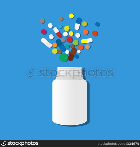 White jar with scattered multi-colored pills on a blue background. Medical theme