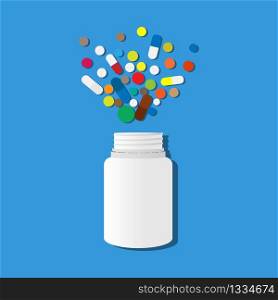 White jar with scattered multi-colored pills on a blue background. Medical theme