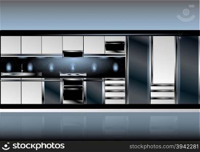 white kitchen in high-tech style interior with light and shadow