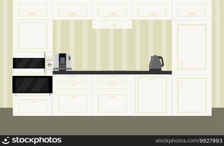 White kitchen with modern design, coffee machine. Flat design vector.