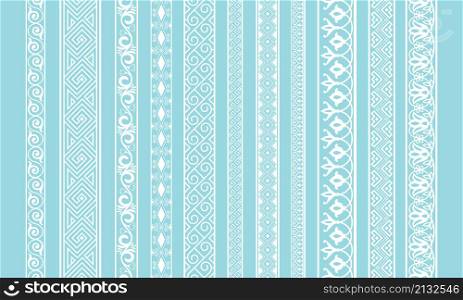 White lace edging. Cute textile wedding borders, barouque laces fabric tapes vector image, curve retro cloth silhouette ribbons, vintage cotton baroque vector strips isolated on blue background. White lace edging. Cute textile wedding borders, barouque laces fabric tapes vector image, curve retro cloth silhouette ribbons, vintage cotton baroque vector strips isolated on blue