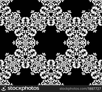 White lace flower ornament on a black background. Seamless elegant lace texture. Black and white. Vector illustration. For fabric, tile, wallpaper or packaging.