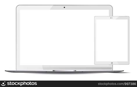 White laptop and tablet pc mockup set. Mobile devices vector illustration. Notebook and phablet isolated on white background.. White laptop, tablet pc mockup set. Mobile devices
