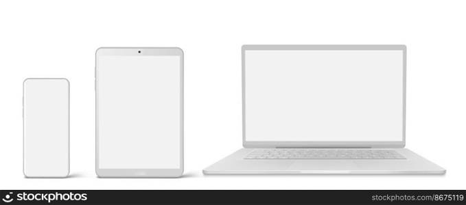 White laptop, tablet and phone with blank screen in front view. Vector realistic mockup of modern digital devices, notebook, smartphone and multi touch tablet isolated on white background. White laptop, tablet and phone with blank screen