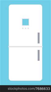 White large modern refrigerator with digital display and freezer. Tech minimal design. Kitchen freezing equipment. Food and drink storage. Frozen vegetables. Flat fridge vector image isolated on blue. White modern fridge with freezer isolated on blue. Vector cartoon image of big white fridge