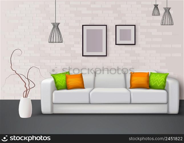 White leather sofa with fantastic green orange pillows brings color in living room realistic interior vector illustration . Interior Realistic Composition