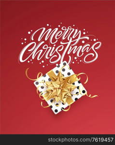 White lettering Merry Christmas on a red background with a gift box and a golden bow. Design template for banner, voucher, poster, flyer. Vector illustration EPS10. White lettering Merry Christmas on a red background with a gift box and a golden bow. Design template for banner, voucher, poster, flyer. Vector illustration
