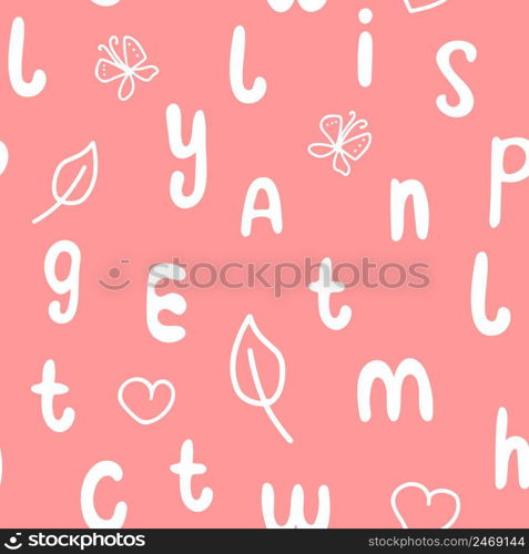 White letters on pink background seamless pattern. Kid background with english alphabet. Model design of baby items for learning. Template for paper vector illustration