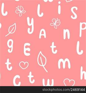White letters on pink background seamless pattern. Kid background with english alphabet. Model design of baby items for learning. Template for paper vector illustration
