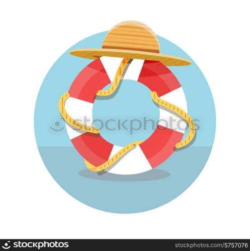White lifebuoy with red stripes, rope and hat. Icon isolated on white background