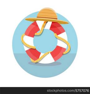 White lifebuoy with red stripes, rope and hat. Icon isolated on white background