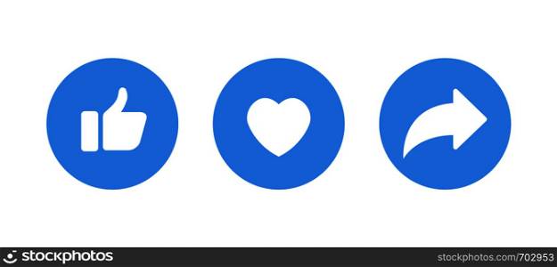 White like and heart icons in blue circle for social network interface in flat design. Eps10. White like and heart icons in blue circle for social network interface in flat design