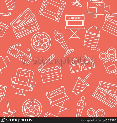 White line cinema icons on red background decorative pattern with tickets popcorn flat vector illustration . Line Cinema Pattern