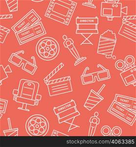 White line cinema icons on red background decorative pattern with tickets popcorn flat vector illustration . Line Cinema Pattern