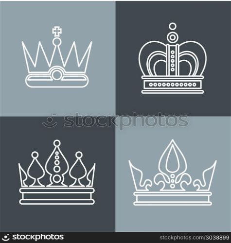 White line crown icons on gray background. White line crown icons on gray background. Set of linear crowns. Vector illustration