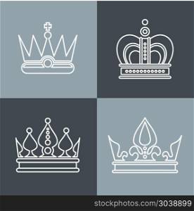 White line crown icons on gray background. White line crown icons on gray background. Set of linear crowns. Vector illustration