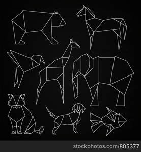 White line vector polygonal wild animals, fish and bird on blackboard. Linear dog and bear, elephant and giraffe illustration. White line vector polygonal wild animals, fish and bird on blackboard