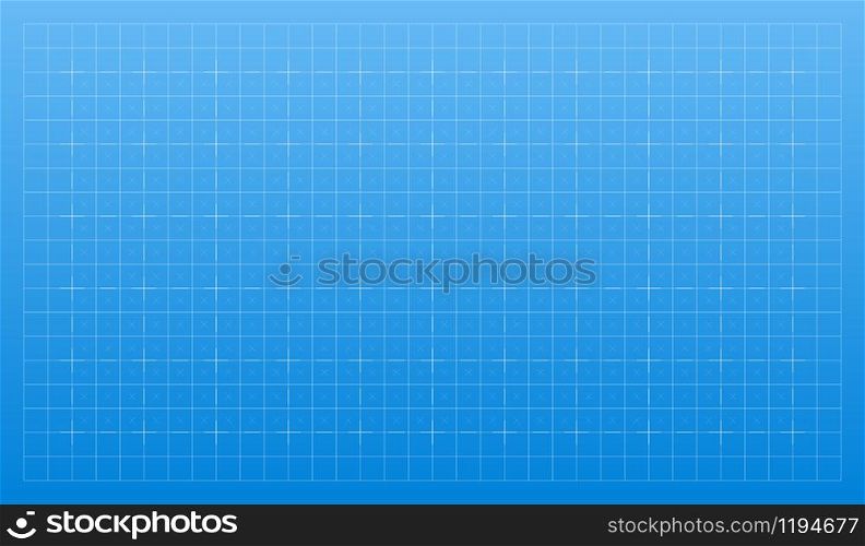 White lines on a blue background. Architectural technical grid of strokes for the plan. Blueprint paper graphic texture. Abstract backdrop pattern