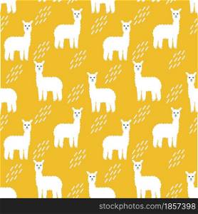 White llamas seamless pattern vector illustration. Fluffy animals llama with drops on a desert background. Template for wallpaper, packaging, fabric and design.. White llamas seamless pattern vector illustration.