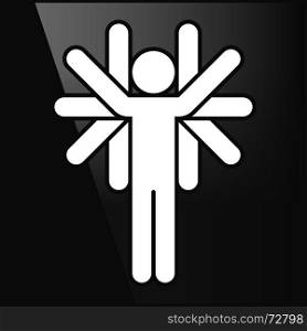 White logotype people with many hands. White logotype people man figure with many hands in flat style. Simple silhouette sign on black glossy background. Graphic design elements save in vector illustration 10 eps