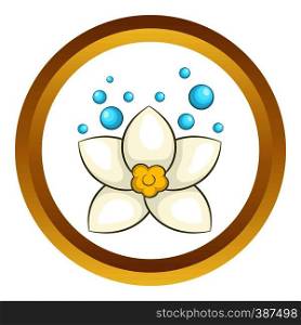 White lotus flower vector icon in golden circle, cartoon style isolated on white background. White lotus flower vector icon