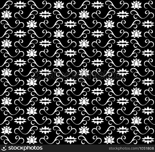 White lotus seamless pattern on black background. Vector Illustration. White lotus seamless pattern on black background