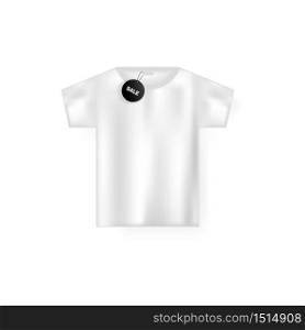 White male t shirt. Realistic mockup. Short sleeve t shirt template with discount tags. Vector on isolated white background. Eps 10. White male t shirt. Realistic mockup. Short sleeve t shirt template with discount tags. Vector on isolated white background. Eps 10.