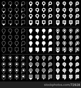 White map pins sign icon on black background. 100 and 44 map pins sign location icon with gray shadow in flat style. Set 04 Simple white shapes on black background. This vector illustration web design element save in 8 eps