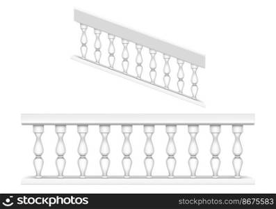 White marble balustrade for balcony, porch or garden and handrail for staircase in classic roman style. Vector realistic set of baroque stone railing, banister with pillars, antique fence with columns. White marble balustrade for balcony and stairs