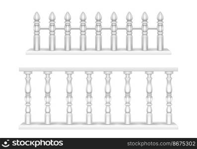 White marble balustrade, handrail for balcony, porch or garden in classic roman style. Vector realistic set of baroque stone railing, banister with pillars, antique fence with columns. White marble balustrade, handrail for balcony