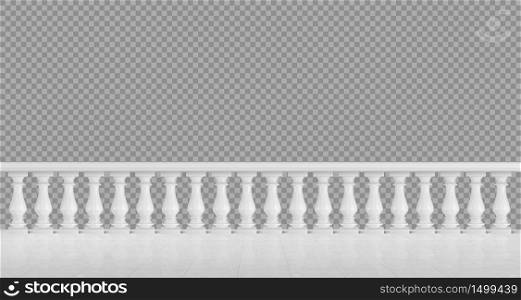 White marble balustrade on balcony, porch or terrace with tiled floor. Stone handrail in classic roman style isolated on transparent background. Vector realistic mockup with baroque railing. White marble balustrade for balcony or terrace