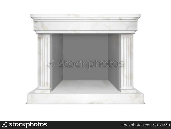 White marble fireplace for home interior in classic style. Vector realistic illustration of hearth in stone frame with pilasters and empty mantelpiece isolated on white background. White marble fireplace for home interior