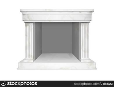 White marble fireplace for home interior in classic style. Vector realistic illustration of hearth in stone frame with pilasters and empty mantelpiece isolated on white background. White marble fireplace for home interior