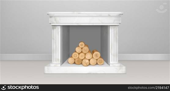 White marble fireplace with pile of logs in empty living room interior. Vector realistic illustration of hearth in stone frame with pilasters, mantelpiece and firewood pile inside. White marble fireplace with pile of logs
